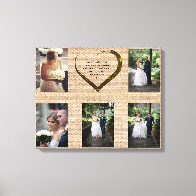 Bröllop Photo Collage Rustic Hessian Heart Quote Canvastryck (Framsida)
