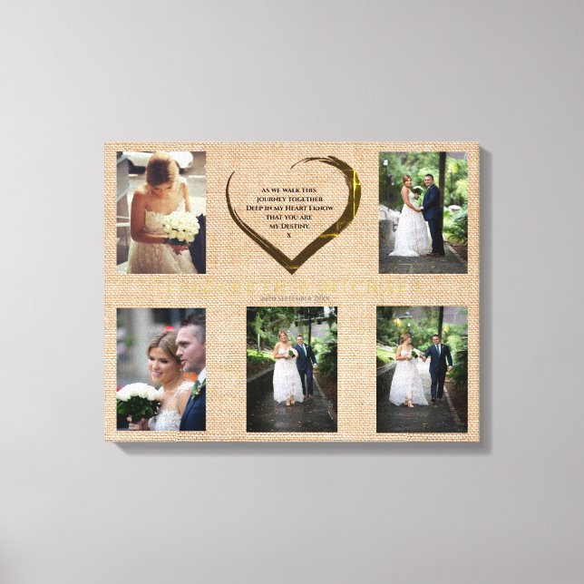 Bröllop Photo Collage Rustic Hessian Heart Quote Canvastryck (Framsida)