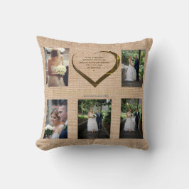 Bröllop Photo Collage Rustic Hessian Heart Quote Kudde