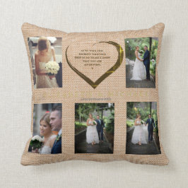 Bröllop Photo Collage Rustic Hessian Heart Quote Kudde
