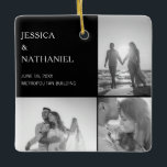 Bröllop Photo Collage | Svart jul Julgransprydnad Keramik<br><div class="desc">Detta prydnadsande är en speciell tjänst för era gäster i bröllop. Utformningen har tre foton över en svart bakgrund på framsidan och en utfallsbild på baksidan av fullt. Använda mallen som du vill lägga till namn, datum och plats för bröllop. Denna julprydnad ger också en underbar gåva till ett nygift...</div>