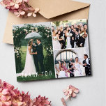 Bröllop Photo Collage Tack Vykort<br><div class="desc">Snygg bröllop-tack för att du har vykort med tre av dina favoritfoton i bröllopsdagen och en enkel och modern textdesign. Lägg till dina foton längst fram och ditt meddelande och din returadress längst bak. Om du behöver hjälp med att beskära eller placera dina foton - kontakta mig genom knappen nedan....</div>
