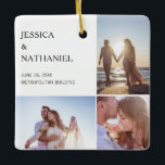 Bröllop Photo Collage | Vit jul Julgransprydnad Keramik<br><div class="desc">Detta prydnadsande är en speciell tjänst för era gäster i bröllop. Utformningen har tre foton över en vit bakgrund på framsidan och ett utfallsfoto på baksidan. Använda mallen som du vill lägga till namn, datum och plats för bröllop. Denna julprydnad ger också en underbar gåva till ett nygift par inför...</div>