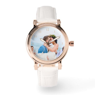 Bröllop Photo Elegant Ro Guld och vitt läder Armbandsur
