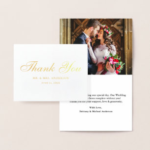 Bröllop Photo Elegant Script Tackkort Guld Folierat Kort