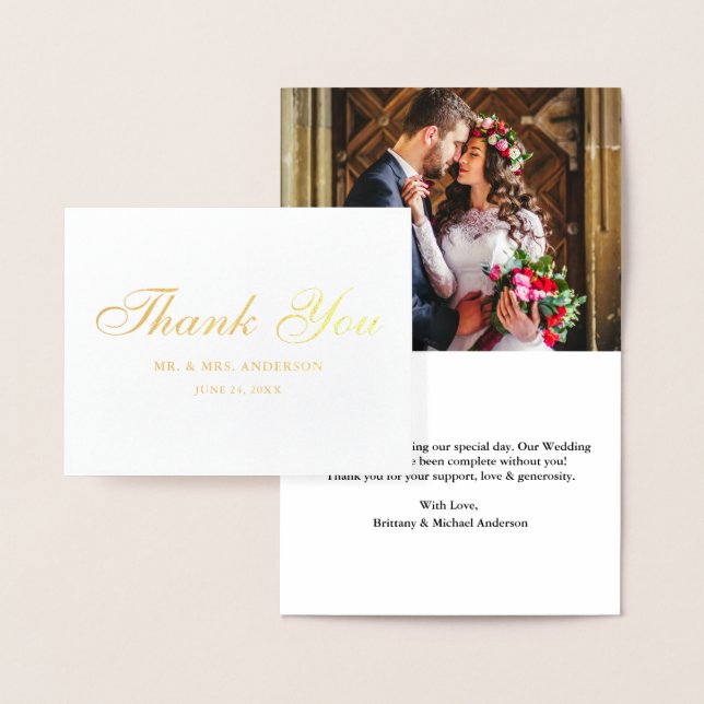 Bröllop Photo Elegant Script Tackkort Guld Folierat Kort (Display)