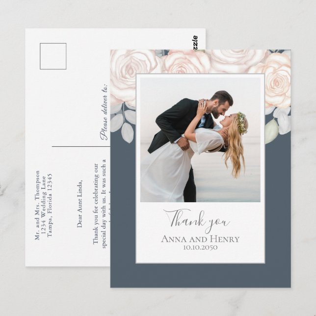 Bröllop Photo Elegant Tack Blommigt Grått Vykort (Fram/baksida)