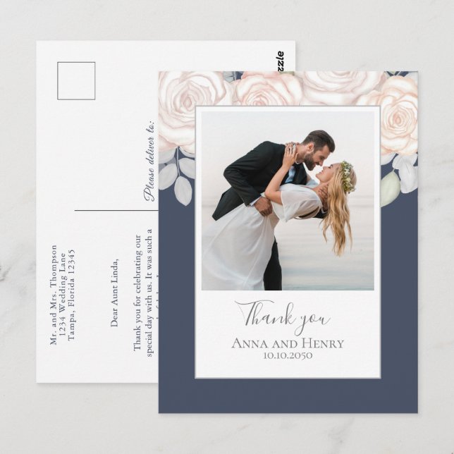 Bröllop Photo Elegant Tack Slate Blue Vykort (Fram/baksida)