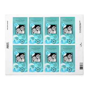 Bröllop Photo Favor Vin i Aqua Blue Teal Blommigt Fraktsedel