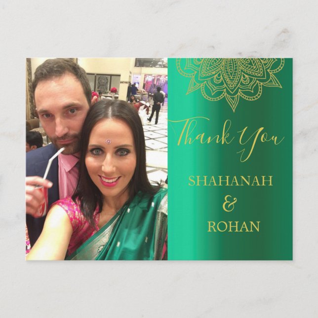 Bröllop Photo Grönt Guld Indiska Stil Tack Vykort (Framsida)