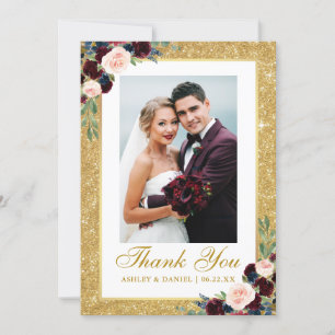 Bröllop Photo Guld Burgundy Blue Blommigt Glitter Tack Kort