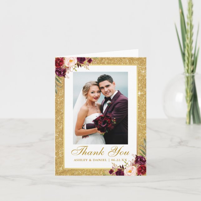 Bröllop Photo Guld Glitter Burgundy Blommigt Note  Tack Kort (Framsida)