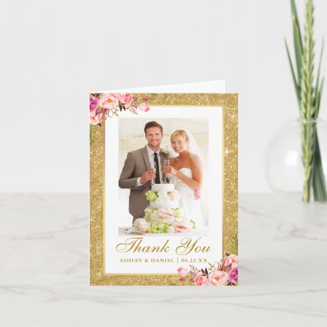 Bröllop Photo Guld Rosa Blommigt Glitter Tack Kort (Framsida)