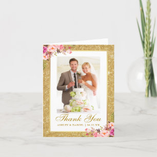 Bröllop Photo Guld Rosa Blommigt Glitter Tack Kort