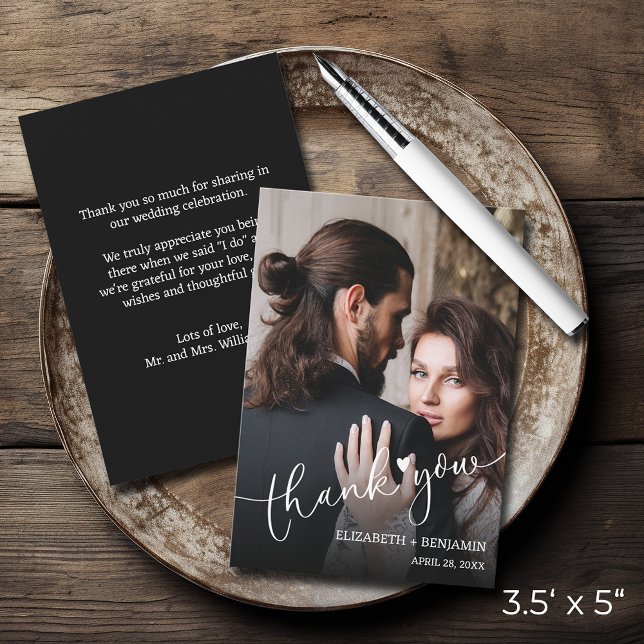 Bröllop Photo Hand-Lettered Tack Anteckningskort (3.5" x 5" wedding photo thank you note cards with your message on the back)
