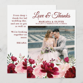 Bröllop Photo Kärlek och tack Card Burgundy Rosa Inbjudningar