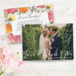 Bröllop Photo Kärlek & Tack Watercolor Flowers Kort
