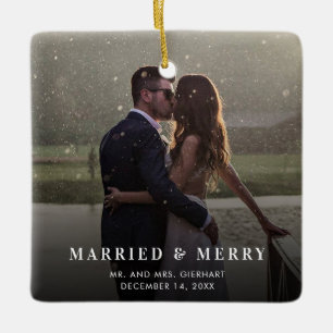 Bröllop Photo Married & Merry Newlyweds jul Julgransprydnad Keramik