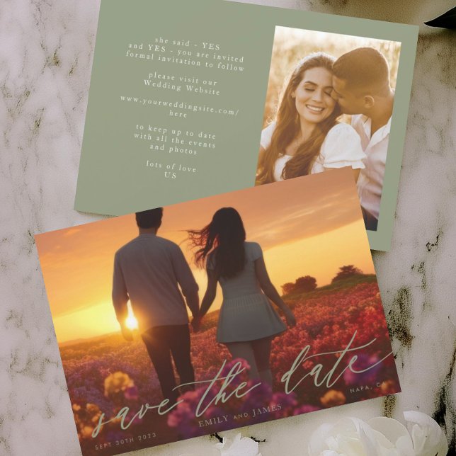 Bröllop Photo Modern Sage Grönt Spara Datumet (Skapare uppladdad)