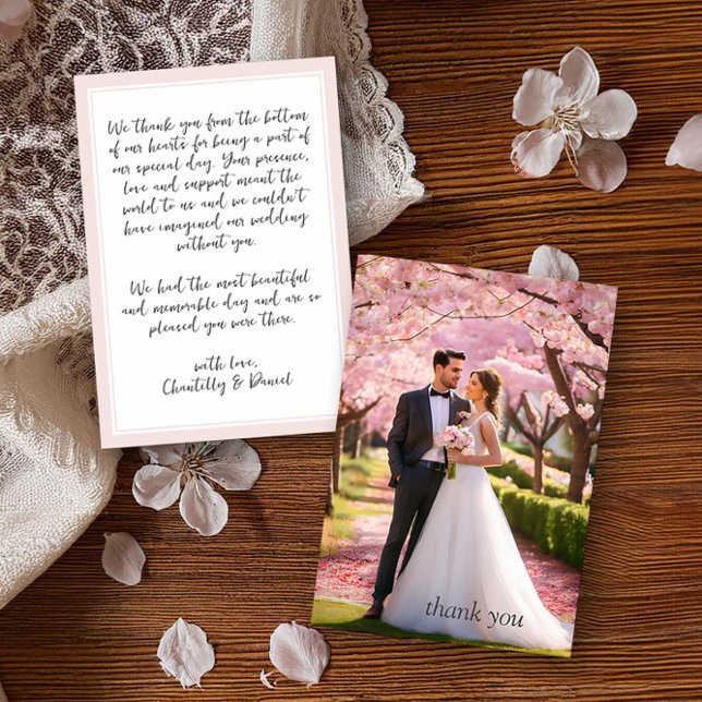 Bröllop Photo Rosa and White Tack Kort (Wedding photo handwritten typography thank you card by Darling & May)