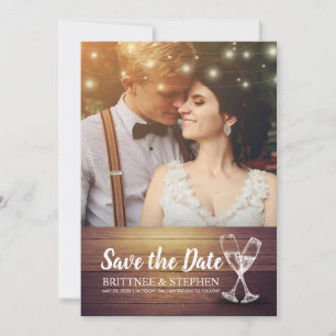 Bröllop Photo Save Date Champagne Glass Wood Spara Datumet
