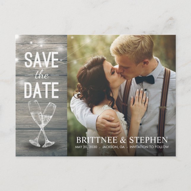 Bröllop Photo Save Date Champagne Glass Wood Vykort (Framsida)