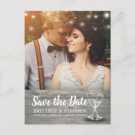 Bröllop Photo Save Date Champagne Glass Wood Vykort