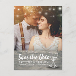 Bröllop Photo Save Date Champagne Glass Wood Vykort