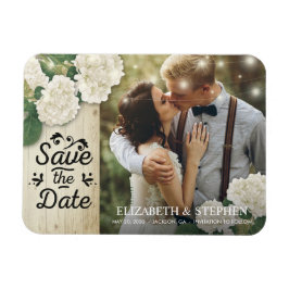 Bröllop Photo Save Date Hydrangeas Ljus Wood Magnet