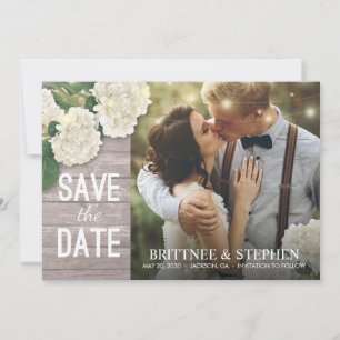 Bröllop Photo Save Date Hydrangeas Ljus Wood Spara Datumet