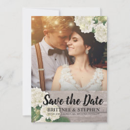 Bröllop Photo Save Date Hydrangeas Ljus Wood Spara Datumet