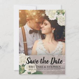 Bröllop Photo Save Date Hydrangeas Ljus Wood Spara Datumet