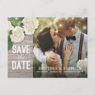 Bröllop Photo Save Date Hydrangeas Ljus Wood Vykort