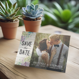 Bröllop Photo Save Date Succulents Rustic Wood Spara Datumet