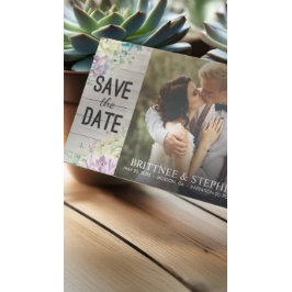 Bröllop Photo Save Date Succulents Rustic Wood Spara Datumet