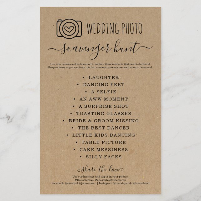 Bröllop Photo Scavenger Hunt I Spy Game Kraft Flygblad (Framsidan)