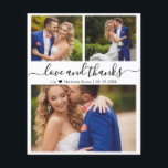 Bröllop Photo Tack med Kärlek och tack Flygblad<br><div class="desc">Budget, minimalistisk, Elegant, Modern "kärlek och tack" Script Photo Collage Bröllop Tack-personlig, prisvärd lågbudgetflygare. Snyggt bröllop tackar dig för en papper mall med tre foto på framsidan och ett foto på baksidan. Med texten "Kärlek och tack" i ett snabbt, stavat skrivstil byts typsnittet svan ut mot i svart mot vit...</div>