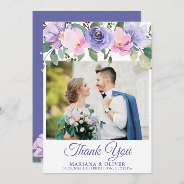 Bröllop Photo Tackto You Card Lavender Rosa Blommi Inbjudningar (Fram/baksida)