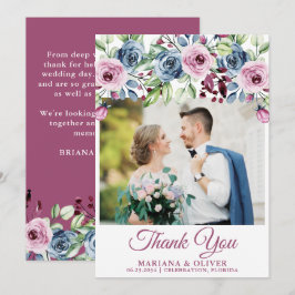 Bröllop Photo Tackto You Card Navy Blue Vin Blommi Inbjudningar