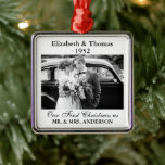 Bröllop Photo Year Retro Memory Black and White Julgransprydnad Metall<br><div class="desc">Minnesornament för Bride and Groom Bröllop Photo and Year. Perfekt att minnas er underbara dag eller ge som en gåva för att fira en årsdag för föräldrar,  mor- och farföräldrar och andra familjemedlemmar. Ta det svarta och vita fotot,  retro,  vintage bröllop och lägg till det i personligens ornament.</div>