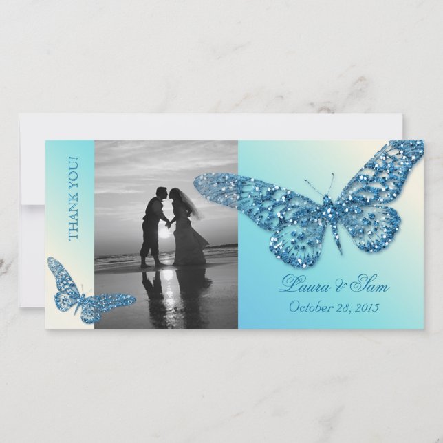 Bröllop Photocard Tack Butterfly Blue (Framsida)