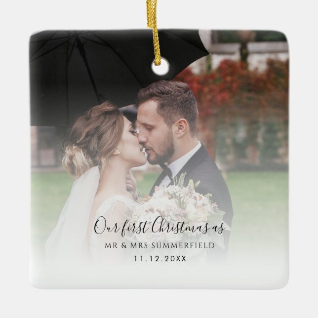 Bröllop Photos Par 1:a julen som Mr. och Mrs. Julgransprydnad Keramik (Framsida)