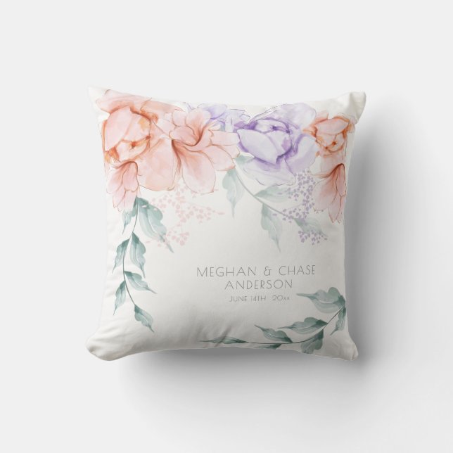 Bröllop Pillow | Coral Lilac Aquarelle Peonies Kudde (Framsida)