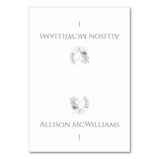 Bröllop Place-kort - Moderna blommor med hjärta Bordsnummer (Framsidan)