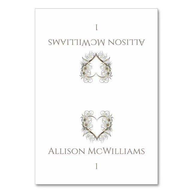 Bröllop Place-kort - Moderna blommor med hjärta Bordsnummer (Framsidan)