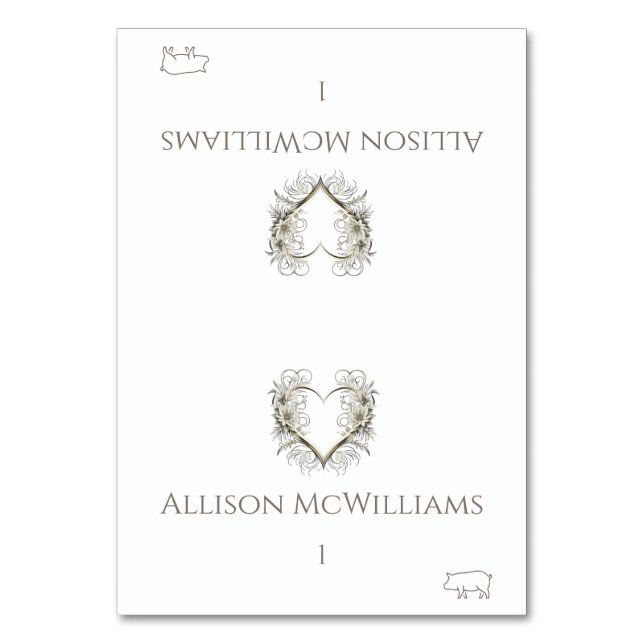 Bröllop Placera kort-Gris Icon-Flowers med hjärta Bordsnummer (Framsidan)