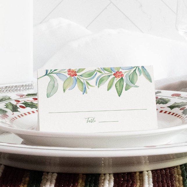 Bröllop-platskort, eskort, jul placeringskort (Christmas place cards botanical greenery with red berries watercolor holiday scenery)