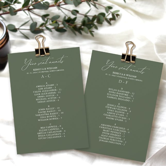 Bröllop-platskort för elegant med alfabetiskt läge (Convenient and organized wedding seating chart with alphabetical name arrangement.)