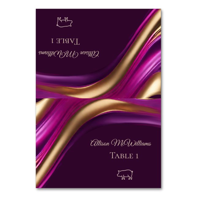 Bröllop-platskort-Gris-ikonen-Lila-Guld Bordsnummer (Framsidan)