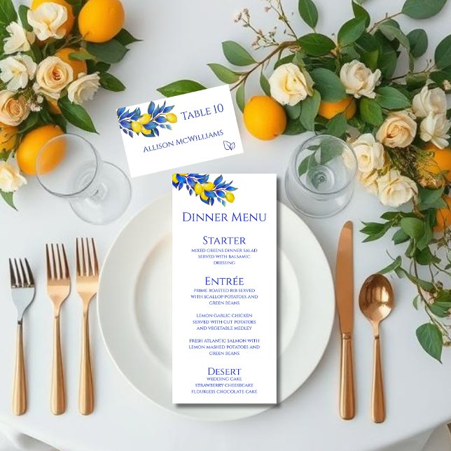 Bröllop-platskort-Medelhavsikon för fjäderfä-fjäde Bordsnummer (Lemons-Wedding Place card-Mediterranean with meal icons)